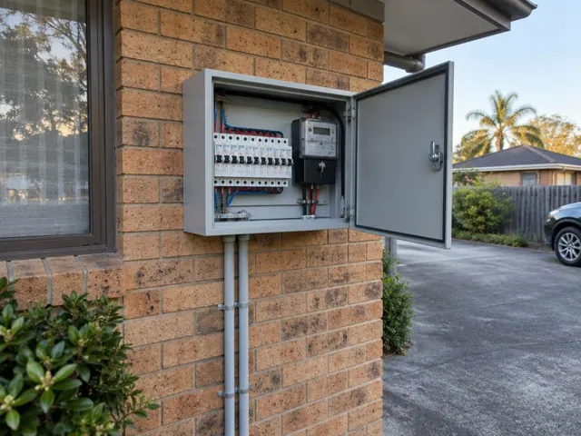 Exterior switchboard mounted on a brick wall beside a window with the door open in Marks Point